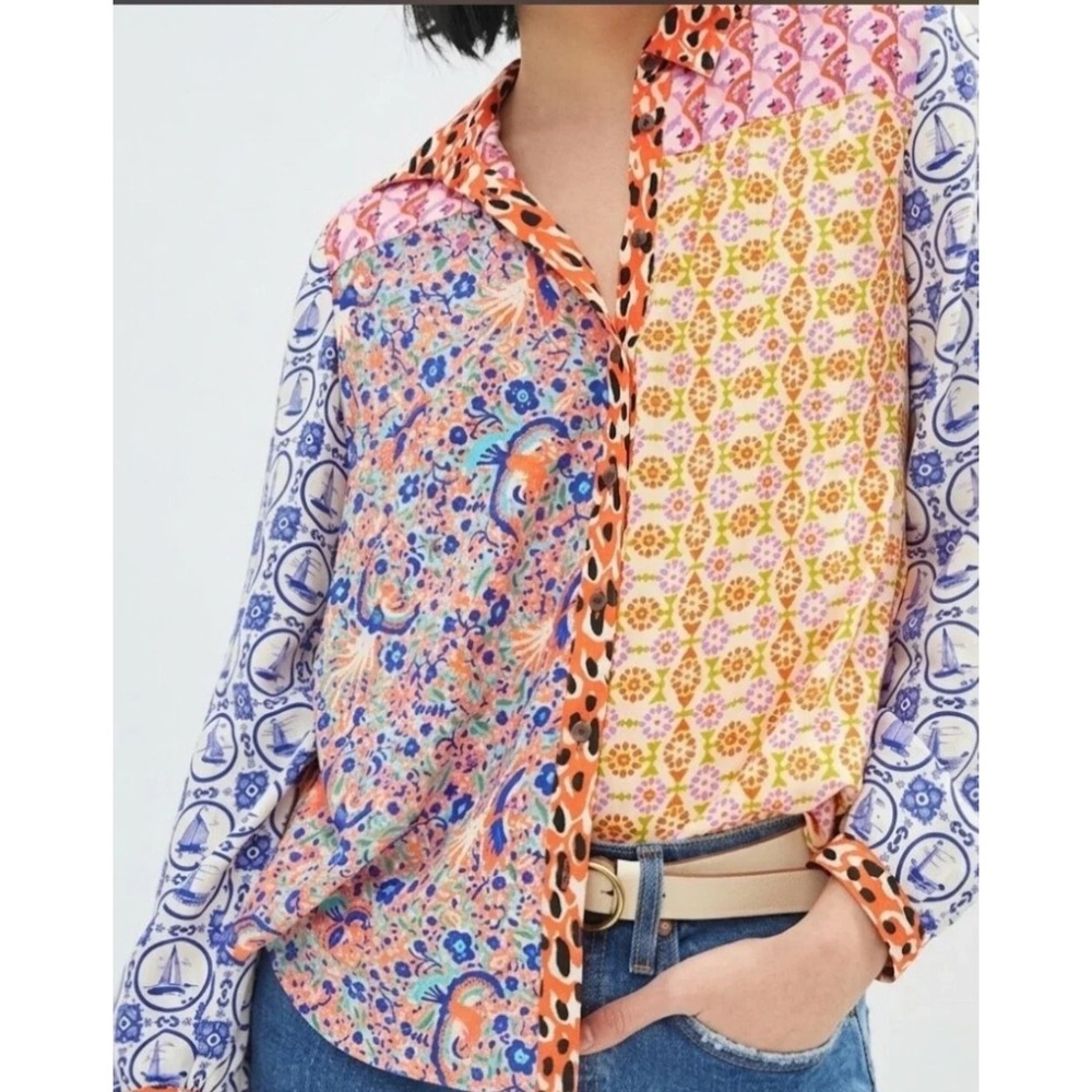 Maeve Anthropologie Paz Mixed Print Button Down Shirt Size XS